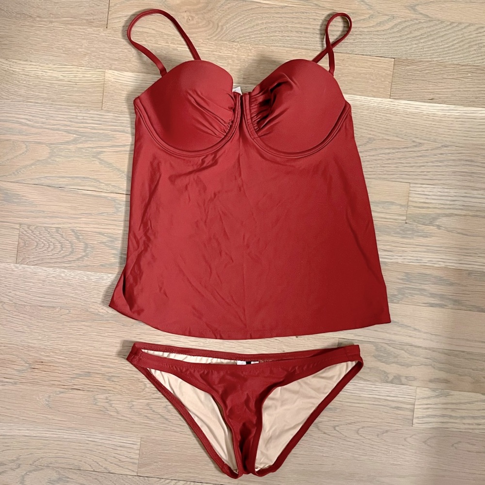 J.Crew DD-cup underwire tankini top and Shrunken surf hipster bikini bottoms